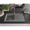 Mexen Cesar chiuvetă de granit cu o cuvă și scurgător 775 x 470 mm, gri, sifon auriu - 6514771010-71-G