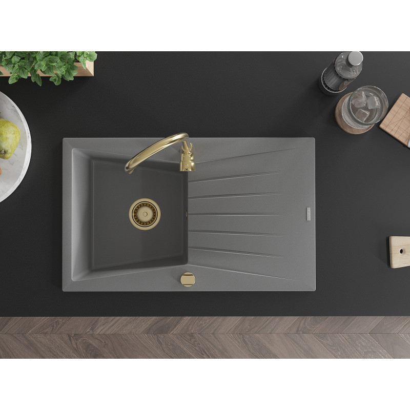 Mexen Cesar chiuvetă de granit cu 1 compartiment și scurgător 775 x 470 mm, gri, sifon auriu - 6514771010-71-G