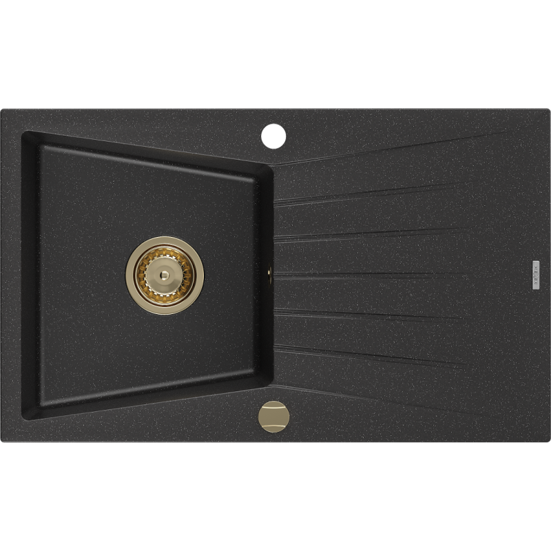 Mexen Cesar chiuvetă din granit cu 1 compartiment și scurgător 775 x 470 mm, negru/argintiu metalic, sifon auriu