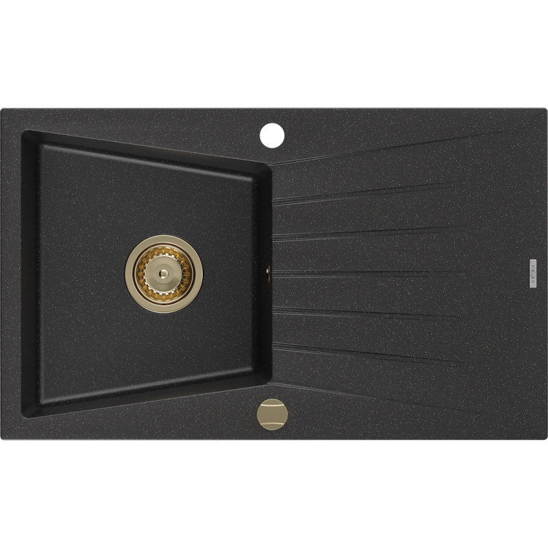 Mexen Cesar1-medencés gránit mosogató edényszárítóval 775 x 470 mm, Fekete/Fém ezüst, szifon Arany - 6514771010-73-G