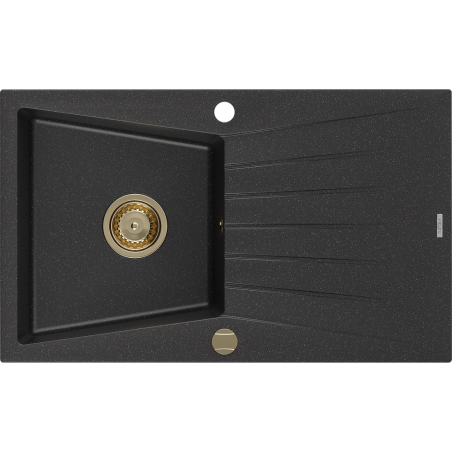 Mexen Cesar chiuvetă din granit cu 1 compartiment și scurgător 775 x 470 mm, negru/argintiu metalic, sifon auriu