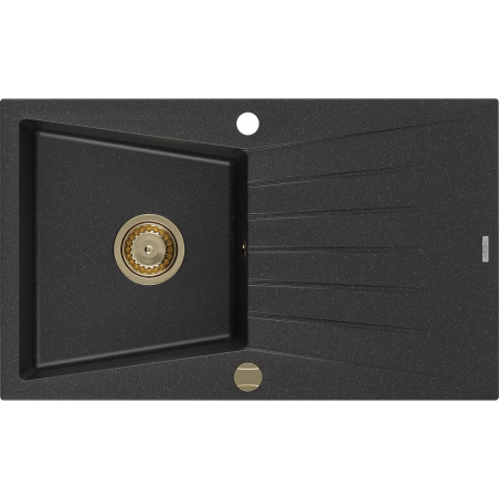 Mexen Cesar1-medencés gránit mosogató edényszárítóval 775 x 470 mm, Fekete/Fém ezüst, szifon Arany - 6514771010-73-G