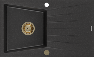 Mexen Cesar egymedencés gránit mosogató lefolyóval, 775 x 470 mm, fekete/ezüst metál, arany szifon - 6514771010-73-G
