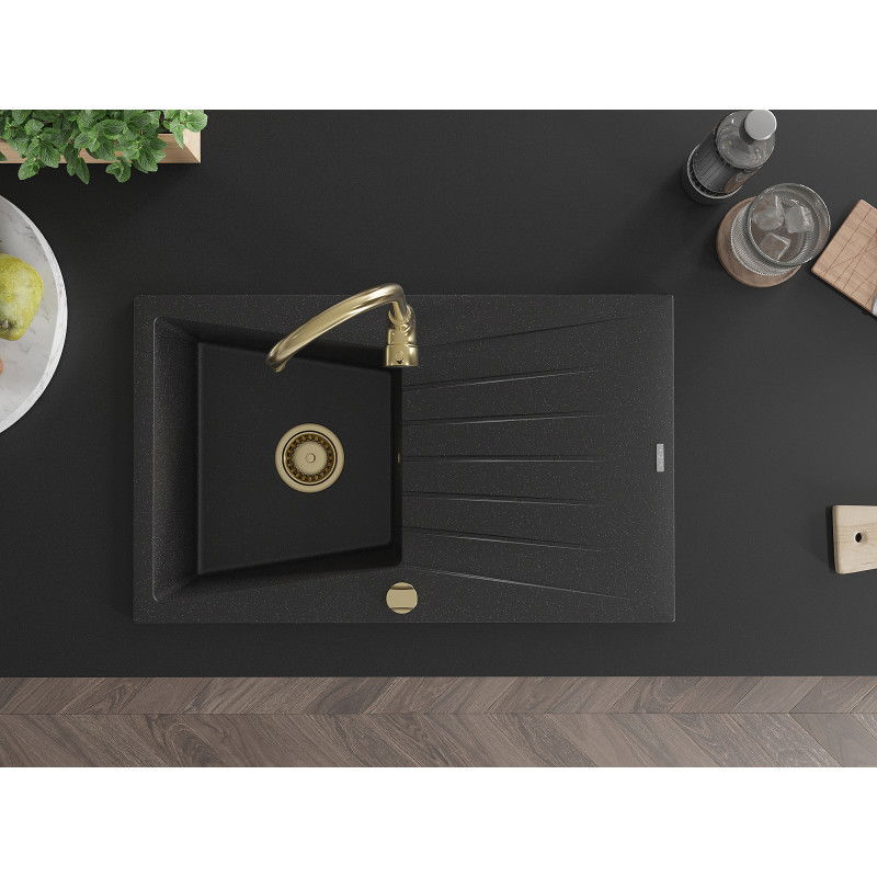 Mexen Cesar chiuvetă din granit cu 1 compartiment și scurgător 775 x 470 mm, negru/argintiu metalic, sifon auriu