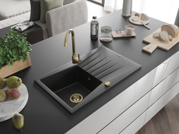 Mexen Cesar chiuvetă granit cu 1 compartiment cu scurgător 775 x 470 mm, negru/argintiu metalizat, sifon auriu - 6514771010-73-?