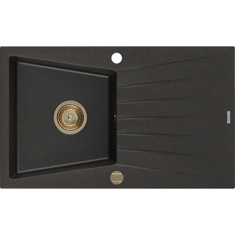 Mexen Cesar 1 rekeszes gránit mosogató csepegtetővel 775 x 470 mm, fekete/arany metál, arany szifon - 6514771010-75-G