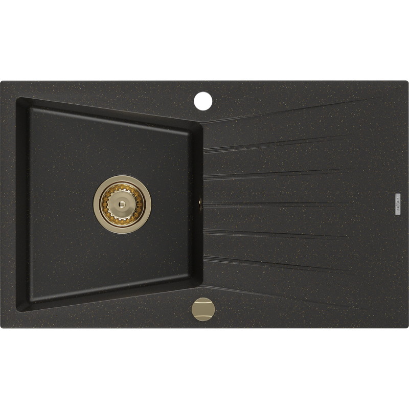 Mexen Cesar chiuvetă de granit 1 compartiment cu scurgător 775 x 470 mm, negru/auriu metalic, sifon auriu - 6514771010-75-G