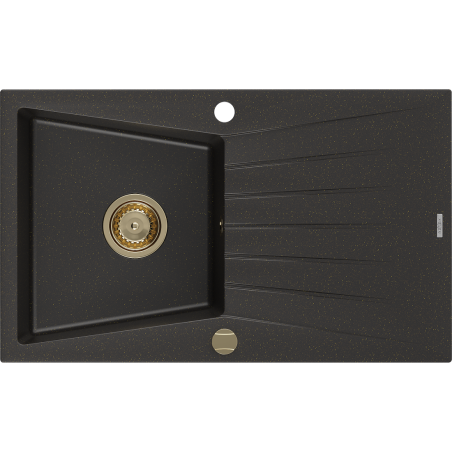 Mexen Cesar chiuvetă de granit cu o cuvă și scurgător 775 x 470 mm, negru/auriu metalic, sifon auriu - 6514771010-75-G