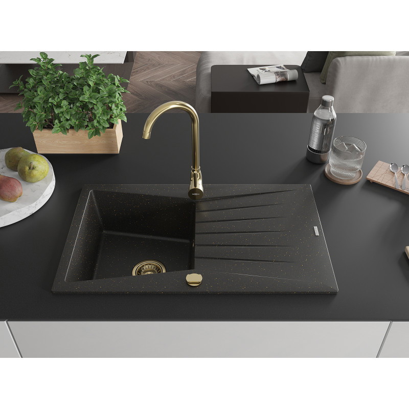 Mexen Cesar 1 rekeszes gránit mosogató csepegtetővel 775 x 470 mm, fekete/arany metál, arany szifon - 6514771010-75-G