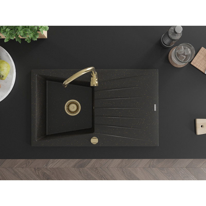 Mexen Cesar chiuvetă de granit cu o cuvă și scurgător 775 x 470 mm, negru/auriu metalic, sifon auriu - 6514771010-75-G