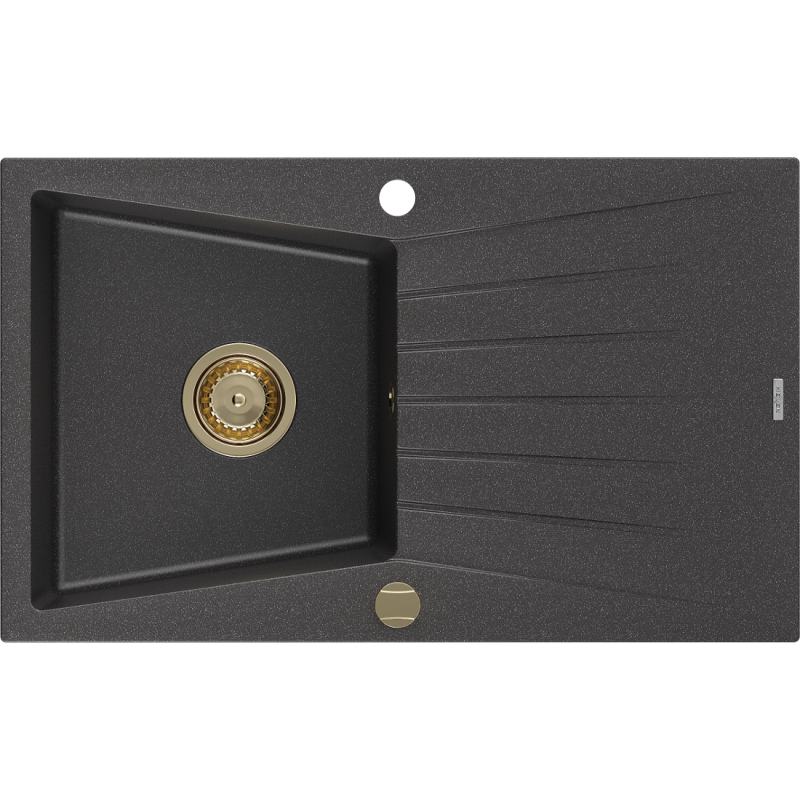 Mexen Cesar chiuvetă de granit cu o cuvă și scurgător 775 x 470 mm, negru cu puncte, sifon auriu - 6514771010-76-G