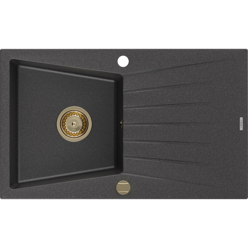Mexen Cesar gránit mosogató 1 rekeszes csepegtetővel 775 x 470 mm, fekete foltos, arany szifon - 6514771010-76-G