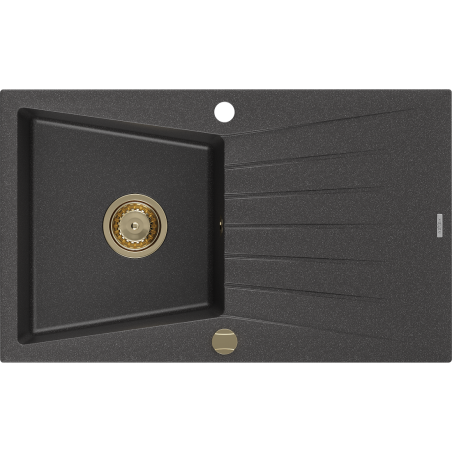 Mexen Cesar chiuvetă din granit cu 1 compartiment cu picurător 775 x 470 mm, Neagră picățele, sifon Auriu - 6514771010-76-G