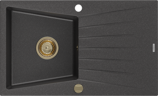 Mexen Cesar egymedencés gránit mosogató csepegtetővel 775 x 470 mm, fekete pöttyös, arany szifonnal - 6514771010-76-G