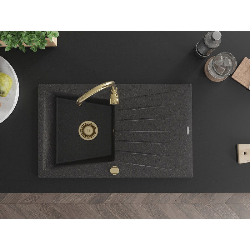 Mexen Cesar chiuvetă de granit cu o cuvă și scurgător 775 x 470 mm, negru cu puncte, sifon auriu - 6514771010-76-G