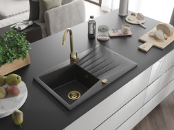Mexen Cesar chiuvetă din granit cu 1 compartiment cu picurător 775 x 470 mm, Neagră picățele, sifon Auriu - 6514771010-76-G