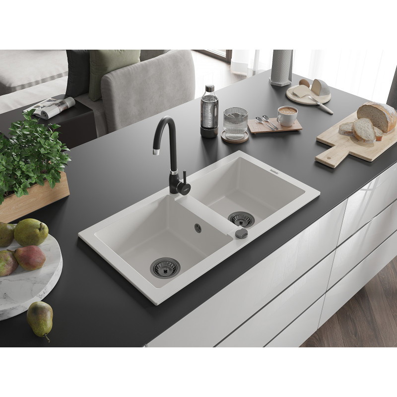 Mexen Mario chiuvetă de granit cu 2 compartimente 820 x 436 mm, albă, sifon negru - 6504822000-20-B