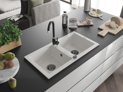 Mexen Mario kétmedencés gránit mosogató 820 x 436 mm, fehér, fekete szifon - 6504822000-20-B