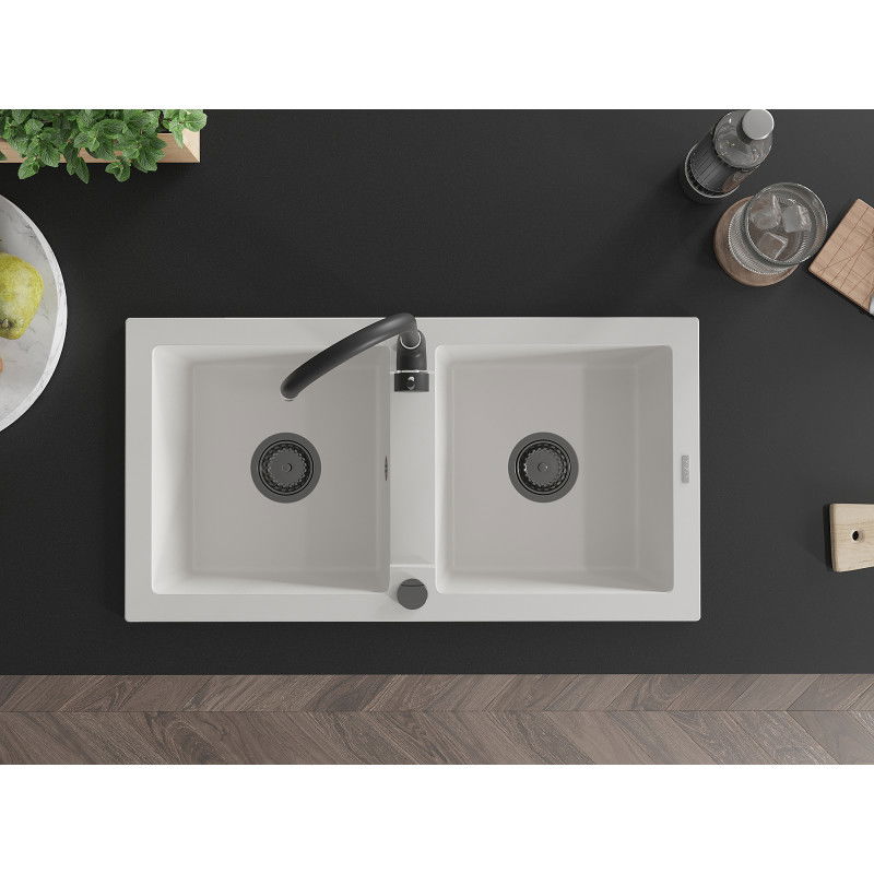 Mexen Mario chiuvetă de granit cu 2 camere 820 x 436 mm, alb, sifon negru - 6504822000-20-B