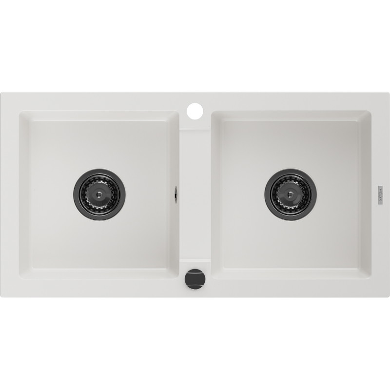 Mexen Mario kétmedencés gránit mosogató 820 x 436 mm, fehér, fekete szifon - 6504822000-20-B