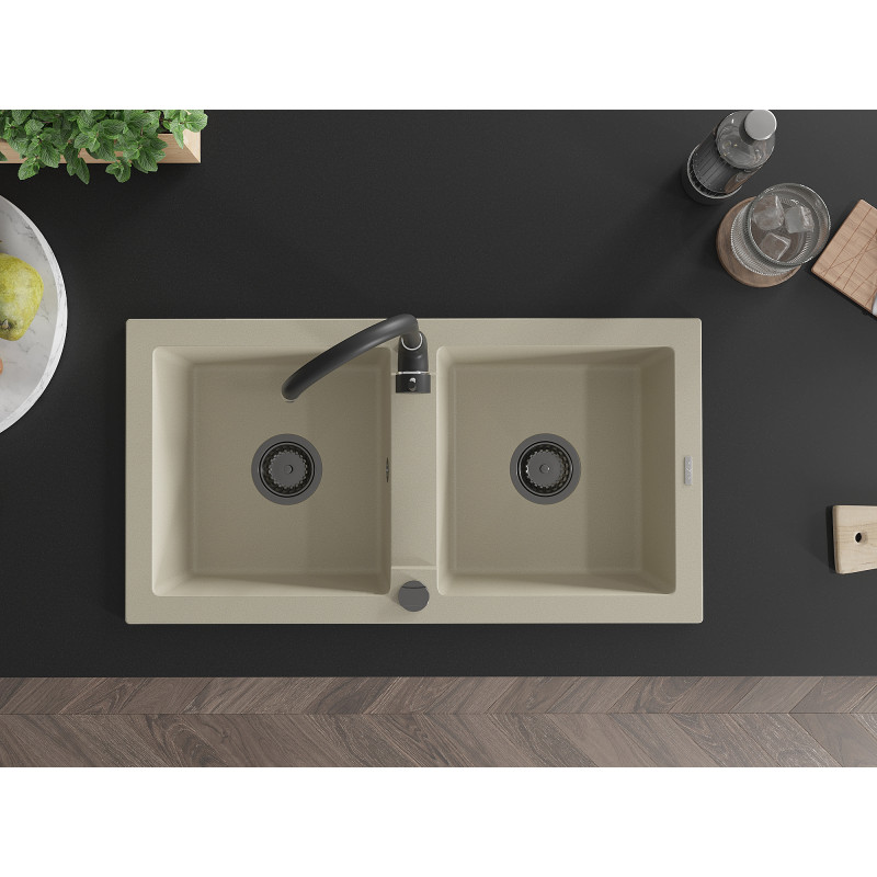 Mexen Mario chiuvetă de bucătărie din granit cu 2 compartimente 820 x 436 mm, bej, sifon negru - 6504822000-69-B