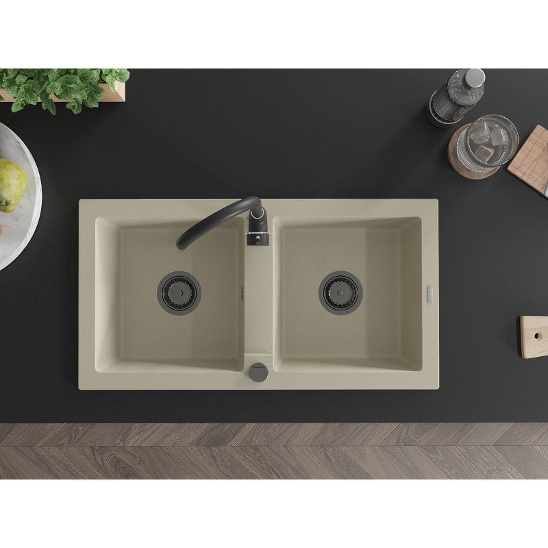 Mexen Mario chiuvetă din granit cu 2 compartimente 820 x 436 mm, bej, sifon negru - 6504822000-69-B