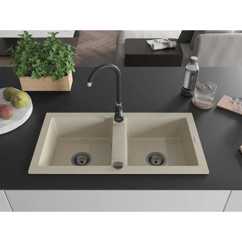 Mexen Mario chiuvetă de bucătărie din granit cu 2 compartimente 820 x 436 mm, bej, sifon negru - 6504822000-69-B