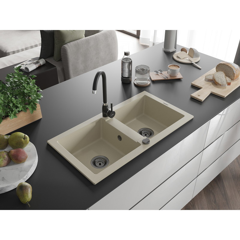 Mexen Mario gránit mosogató 2 rekeszes 820 x 436 mm, bézs, fekete szifon - 6504822000-69-B