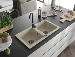 Mexen Mario chiuvetă din granit cu 2 compartimente 820 x 436 mm, bej, sifon negru - 6504822000-69-B