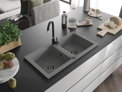 Mexen Mario Chiuvetă de granit cu 2 compartimente 820 x 436 mm, gri, sifon Neagră - 6504822000-71-B