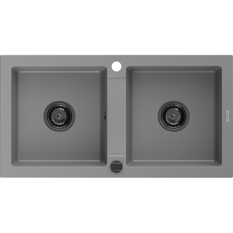 Mexen Mario gránit kéttálcás mosogató 820 x 436 mm, szürke, fekete szifon - 6504822000-71-B