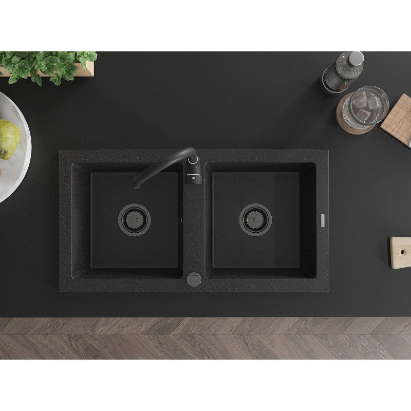 Mexen Mario chiuvetă de granit cu 2 cuve 820 x 436 mm, neagră/argintiu metalizat, sifon negru - 6504822000-73-B