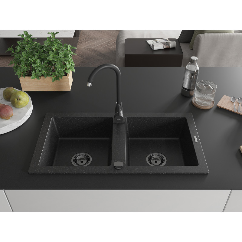 Mexen Mario gránit kéttálcás mosogató 820 x 436 mm, fekete/ezüst metál, fekete szifon - 6504822000-73-B