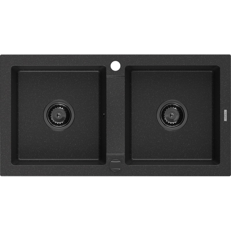 Mexen Mario 2 rekeszes gránit mosogató 820 x 436 mm, fekete/ezüst metál, fekete szifon - 6504822000-73-B