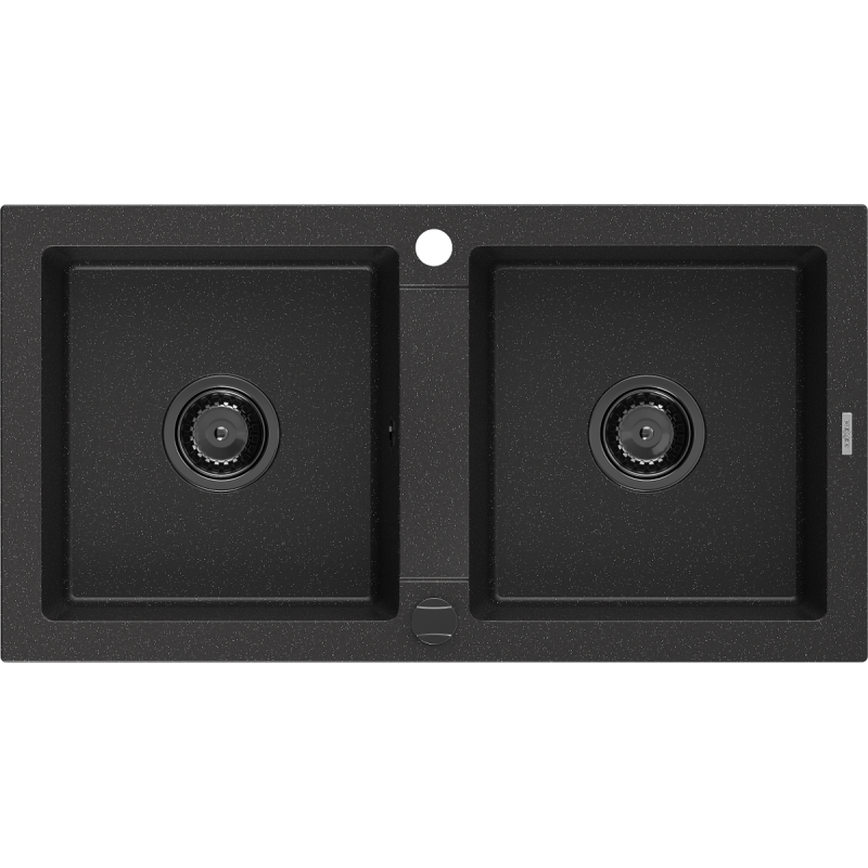 Mexen Mario chiuvetă de granit cu 2 cuve 820 x 436 mm, neagră/argintiu metalizat, sifon negru - 6504822000-73-B