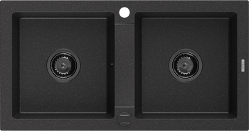 Mexen Mario gránit mosogatótálca, 2 rekeszes, 820 x 436 mm, fekete/ezüst metál, fekete szifon - 6504822000-73-B