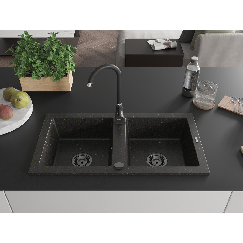 Mexen Mario chiuvetă de granit cu 2 cuve 820 x 436 mm, negru/auriu metalic, sifon negru - 6504822000-75-B
