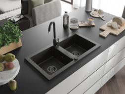 Mexen Mario Chiuvetă de granit cu 2 compartimente 820 x 436 mm, Neagră/Auriu metalic, sifon Neagră - 6504822000-75-B