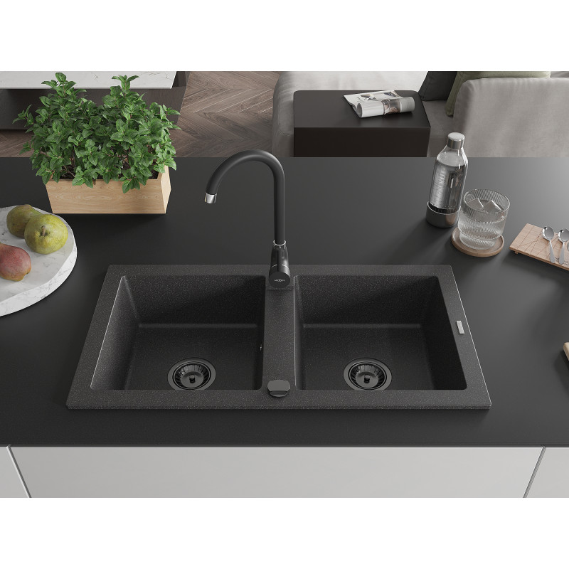 Mexen Mario chiuvetă granit 2 compartimente 820 x 436 mm, negru pătat, sifon negru - 6504822000-76-B