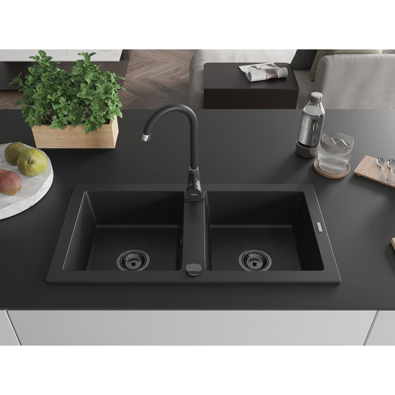 Mexen Mario chiuvetă de granit cu 2 compartimente 820 x 436 mm, neagră, sifon negru - 6504822000-77-B