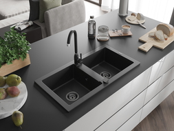 Mexen Mario Chiuvetă de granit cu 2 compartimente 820 x 436 mm, Neagră, sifon Neagră - 6504822000-77-B