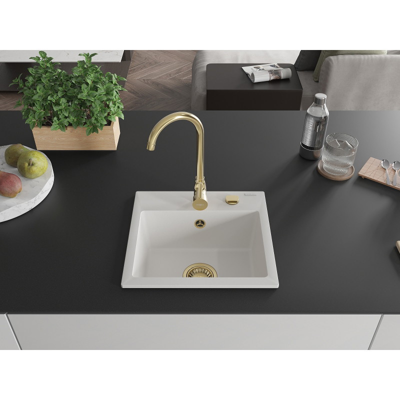 Mexen Milo gránit egytálcás mosogató 435 x 410 mm, fehér, arany szifonnal - 6505441000-20-G