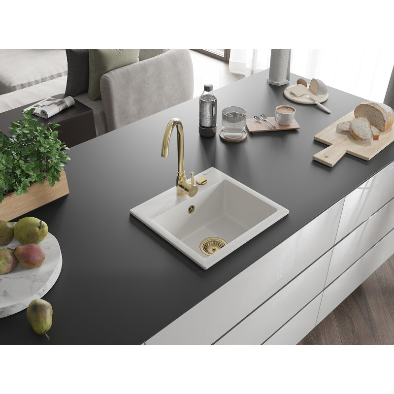 Mexen Milo gránit mosogató 1 rekeszes 435 x 410 mm, fehér, arany szifon - 6505441000-20-G