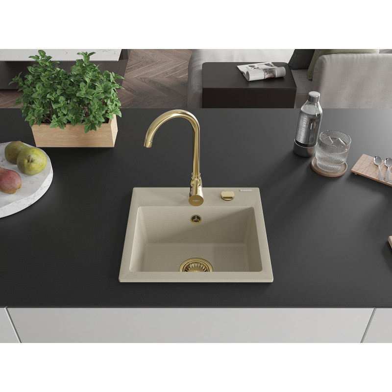 Mexen Milo gránit mosogató 1-medencés 435 x 410 mm, bézs, arany szifon - 6505441000-69-G