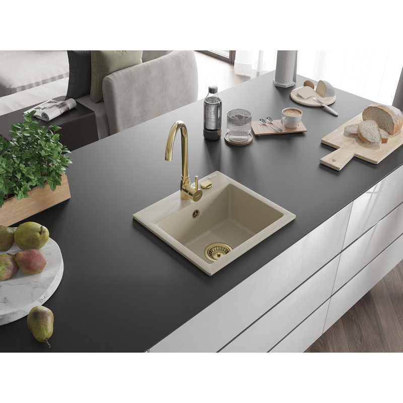 Mexen Milo egymedencés gránit mosogató 435 x 410 mm, bézs, arany szifon - 6505441000-69-G