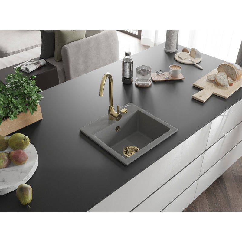 Mexen Milo chiuvetă granitică cu 1 compartiment 435 x 410 mm, gri, sifon auriu - 6505441000-71-G