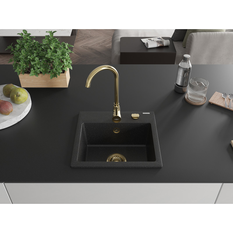 Mexen Milo gránit mosogató 1-medencés 435 x 410 mm, fekete/ezüst metál, arany szifon - 6505441000-73-G