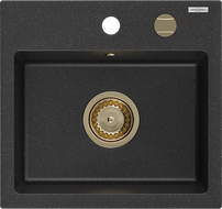 Mexen Milo egykamrás gránit mosogató 435 x 410 mm, fekete/ezüst metál, arany szifon - 6505441000-73-G