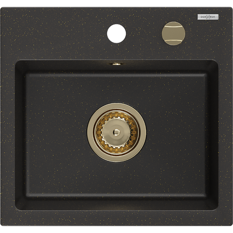 Mexen Milo chiuvetă de bucătărie din granit cu 1 compartiment 435 x 410 mm, negru/auriu metalic, sifon auriu