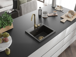 Chiuvetă de granit Mexen Milo 1-cameră 435 x 410 mm, negru/auriu metalic, sifon auriu - 6505441000-75-G